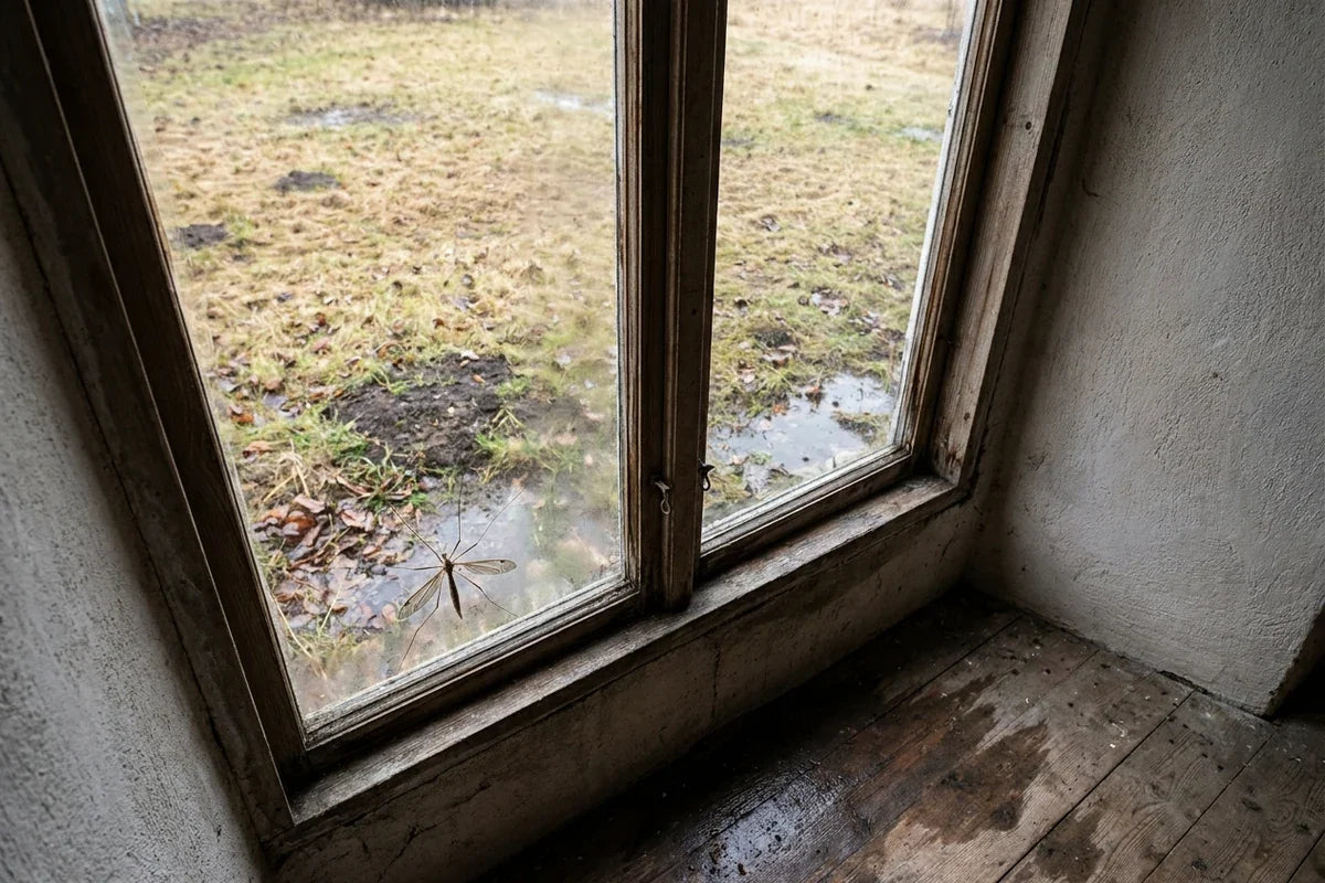 A realistic crane fly resting near a softly lit window beside a patch of wet, thinning lawn, with the contrast between the temporary indoor nuisance and possible lawn damage conveyed through composition.