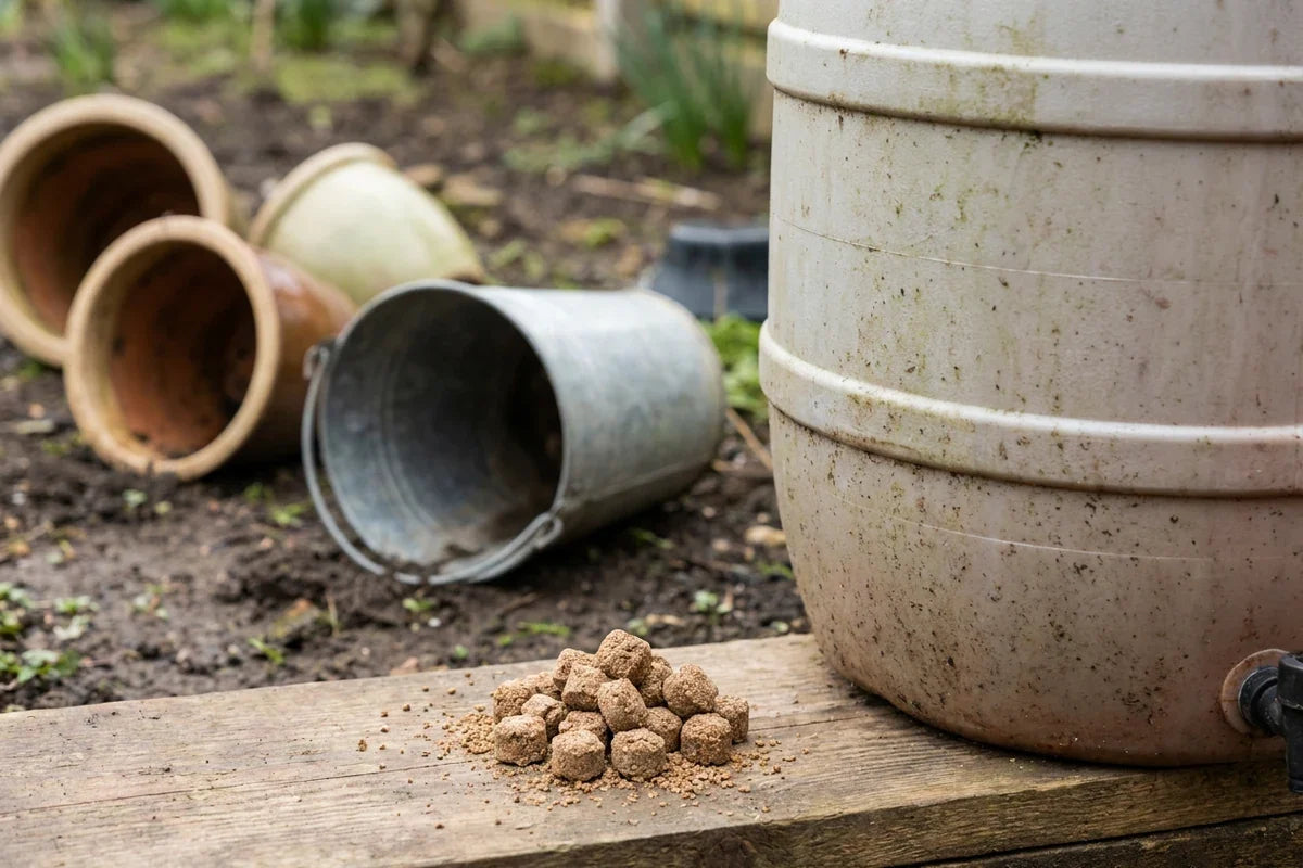 A natural close-up of a rain barrel or other unavoidable standing-water container beside an unbranded larvicide treatment, with emptied yard containers softly visible in the background and no identifiable person.