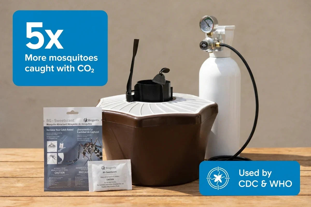 Mosquito trap shown with CO₂ tank, tubing, and attractant packaging.