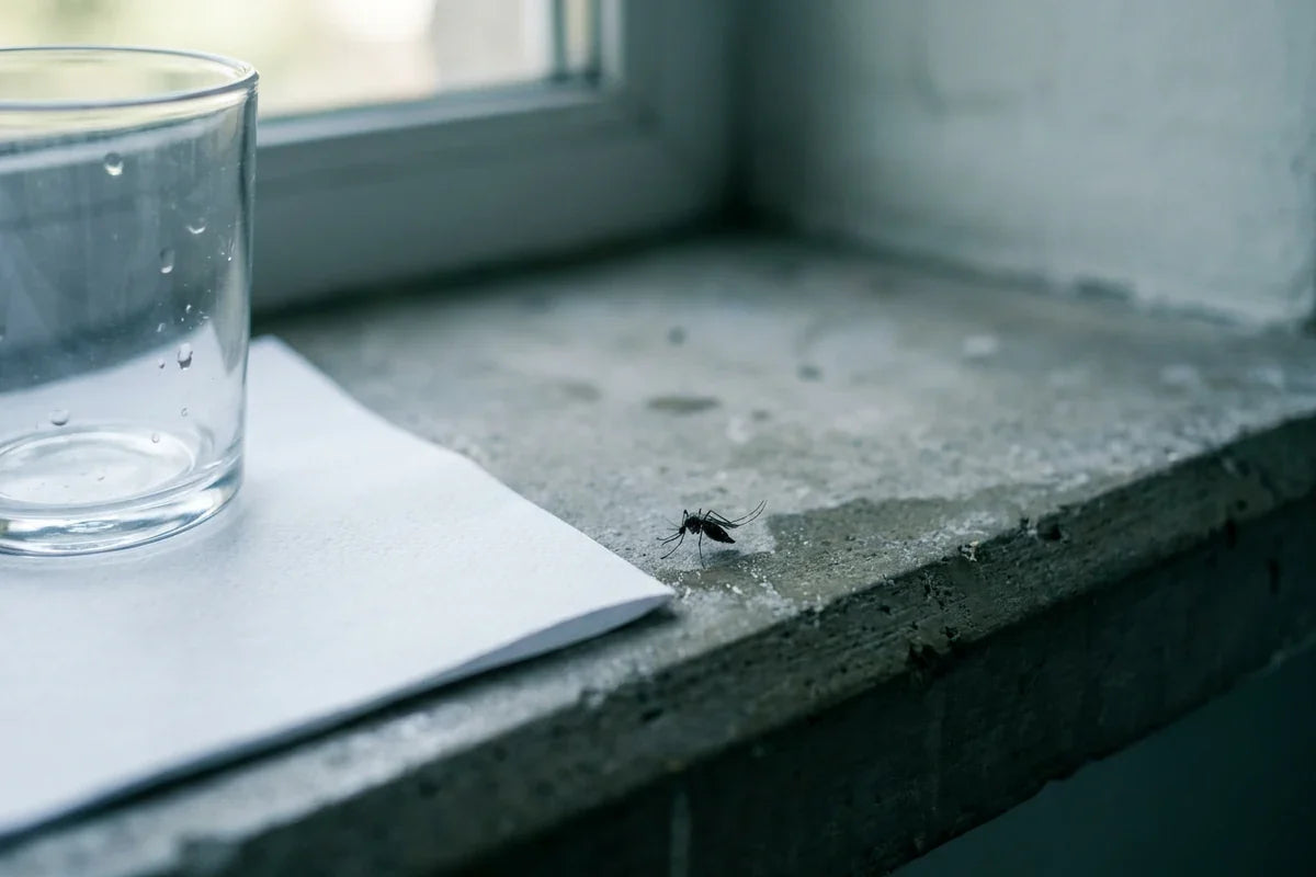 A macro editorial view of a mosquito resting on a cool, shadowed indoor surface beside an ordinary clear cup and sheet of paper, without an identifiable person, packaging, or branding.