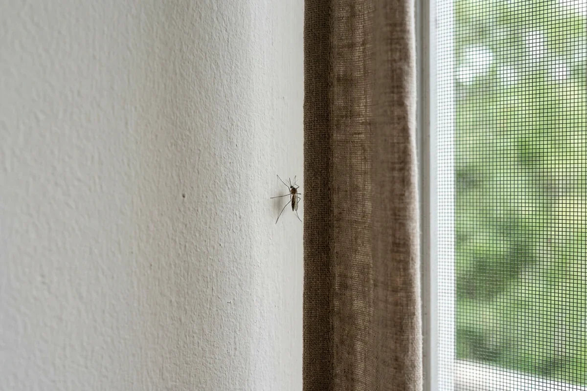 Close-up editorial view of a mosquito on a room wall beside a shaded curtain and screened window, conveying a focused indoor search and prevention without people, packaging, or branding.