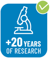 Over 20 years of research icon featuring a microscope and a green checkmark.
