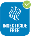 Icon with blue background featuring a white check mark, white steam lines, and the text insecticide free in bold lettering.