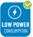 Low power consumption icon with a check mark symbol and a lightning bolt inside a blue square.