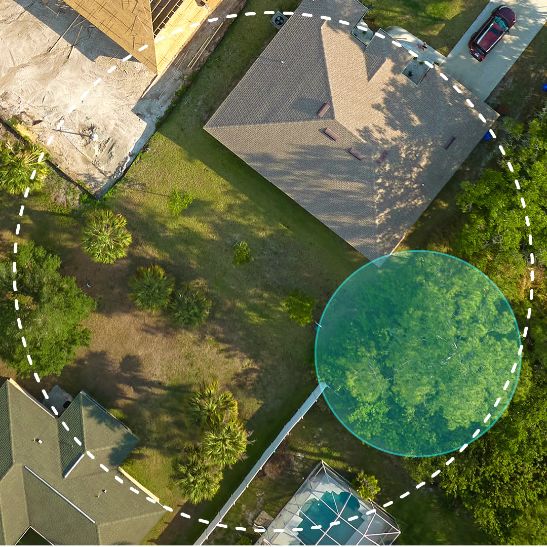 Aerial view of residential property with a circled area highlighting mosquito reach boundaries
