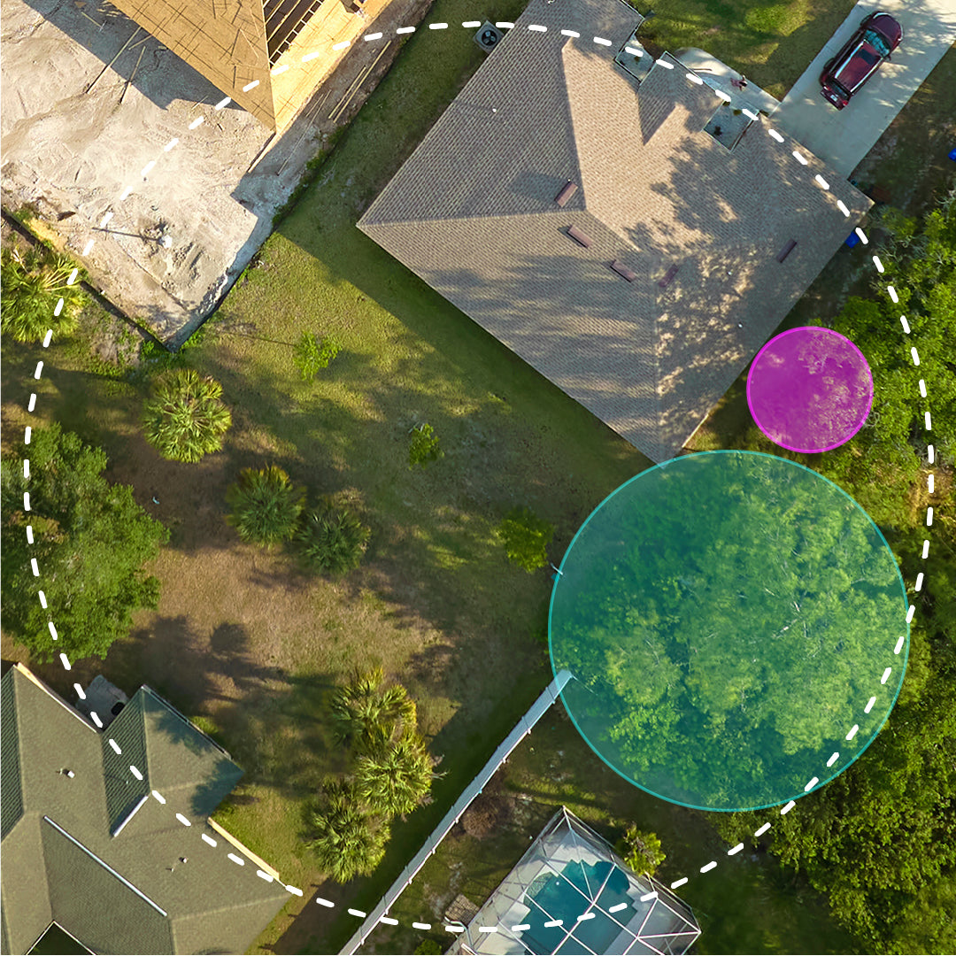 Aerial view of residential property with a circled area highlighting mosquito reach boundaries