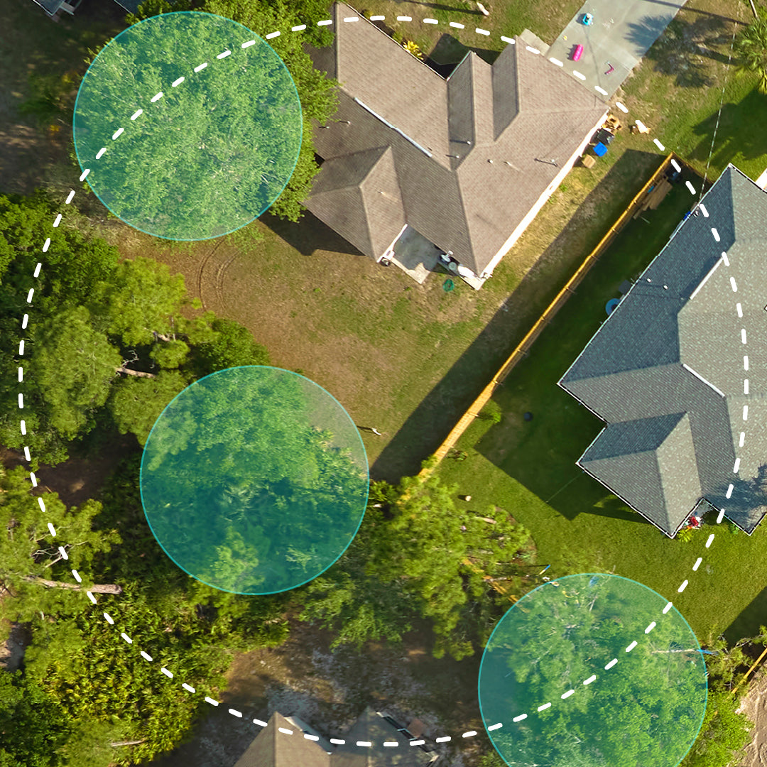 Aerial view of a house with a backyard, surrounded by trees and colorful circular overlays, representing mosquito trap reach