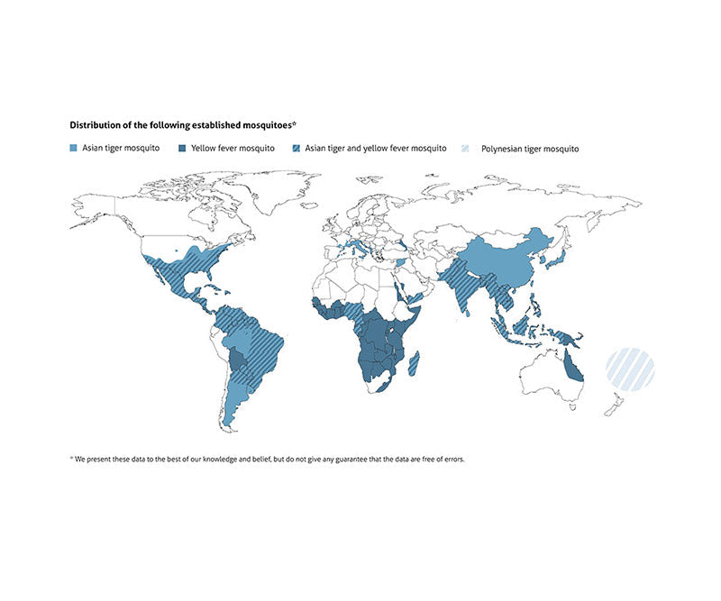 World map showing the distribution of Asian tiger, yellow fever, Asian tiger and yellow fever, and Polynesian tiger mosquitoes using different shades of blue.