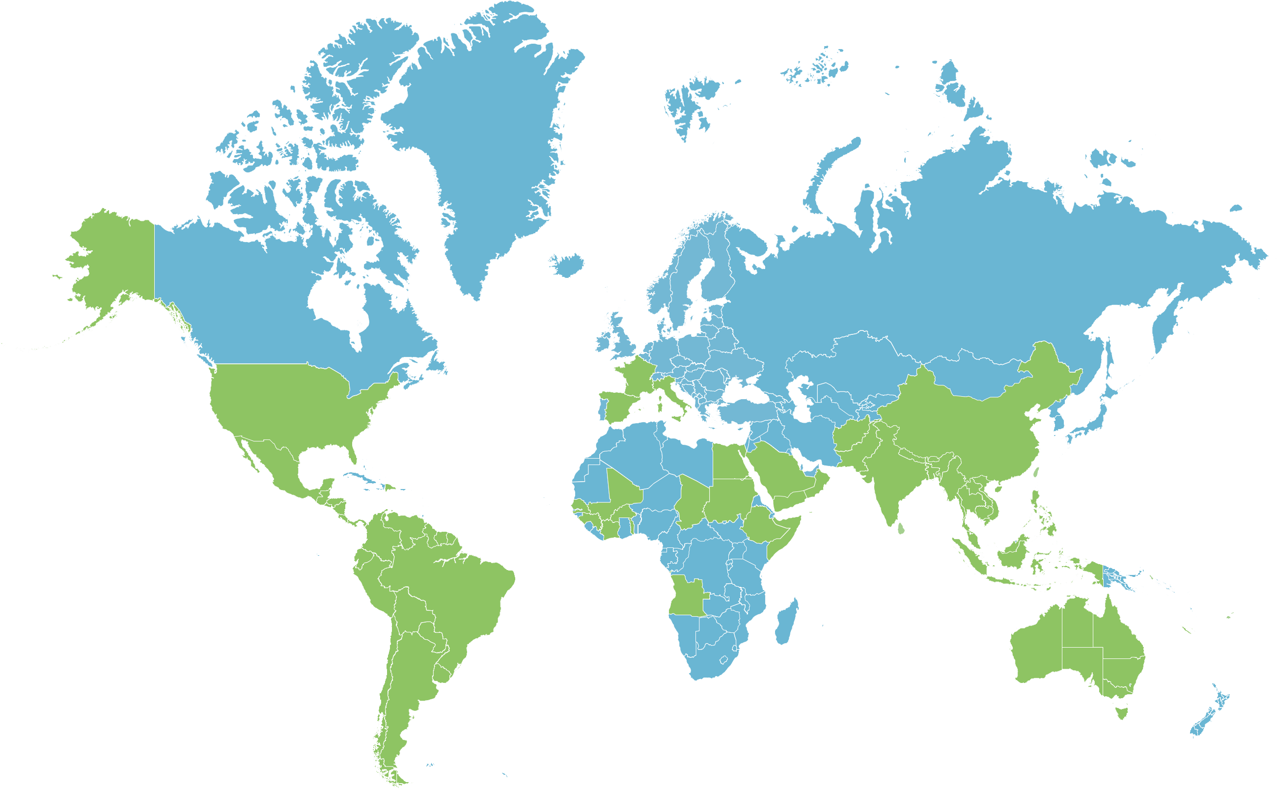 World map with countries highlighted in blue and green, showing different regions in contrasting colors for geographical differentiation.