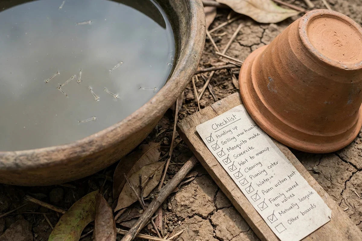 Close-up educational image of mosquito larvae beneath the surface of standing water beside an emptied, scrubbed container and a simple label-reading checklist; use neutral, unbranded treatment cues rather than manufactured packaging.