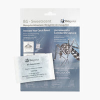 Biogents BG-Sweetscent mosquito attractant packaging with instructions and mosquito image, including caution label on sachet.